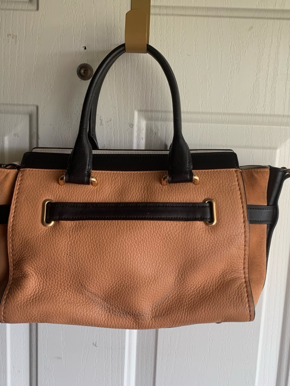 Tan and Black Women's Swagger Handbag with Gold Hardware - Picture 6 of 9